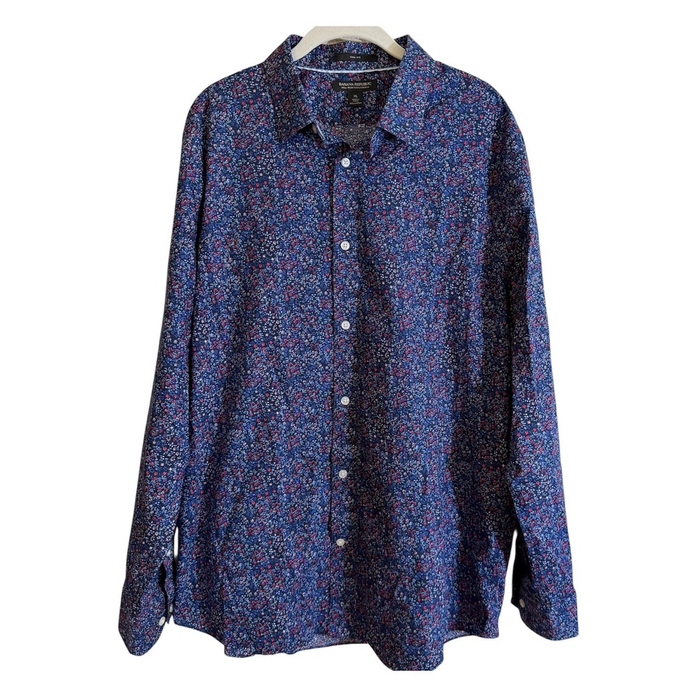 Banana Republic Button Front Shirt Mens XL Blue Floral Slim Fit Non Iron LS